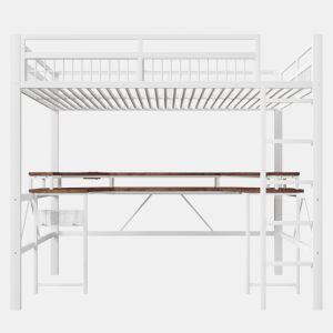 Cama alta + secretária 140x200 cm - LED RGB, USB, Tipo-C, tomadas, painel perfurado - Branco
