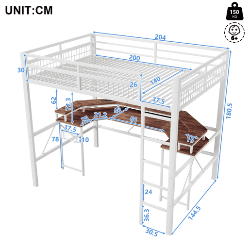 Cama alta + secretária 140x200 cm - LED RGB, USB, Tipo-C, tomadas, painel perfurado - Branco