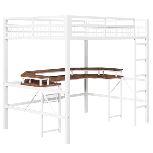 Cama alta + secretária 140x200 cm - LED RGB, USB, Tipo-C, tomadas, painel perfurado - Branco