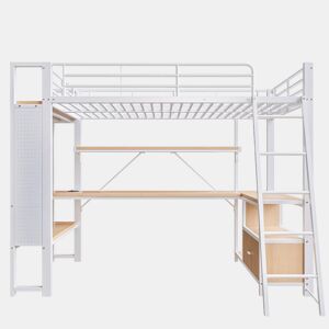Cama alta 90x200 cm - Estrutura em ferro, LED, secretária, arrumação, USB - Branco