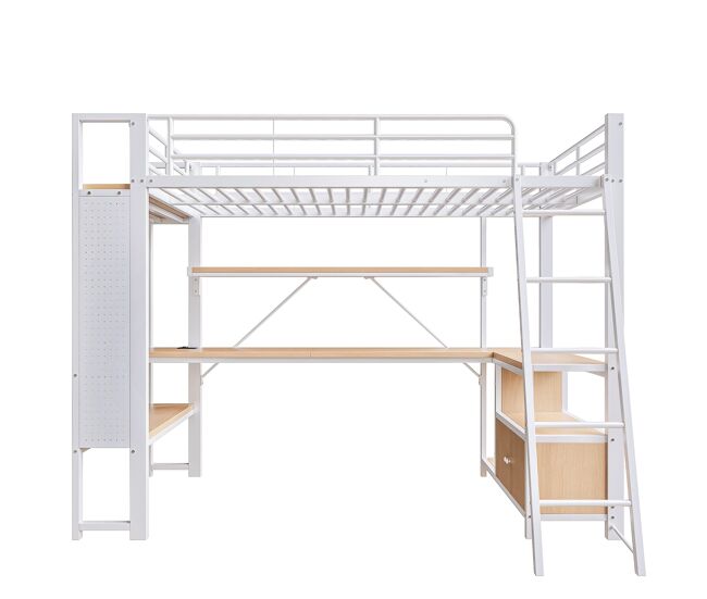 Cama alta 90x200 cm - estructura de hierro, led, escritorio, almacenamiento, usb - blanco