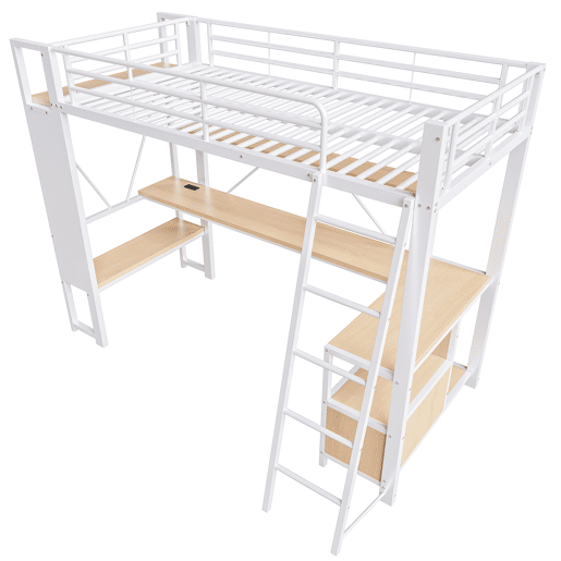 Cama alta 90x200 cm - Estrutura em ferro, LED, secretária, arrumação, USB - Branco