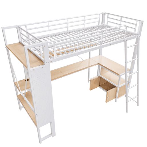 Cama alta 90x200 cm - Estrutura em ferro, LED, secretária, arrumação, USB - Branco