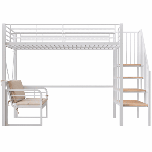 Beliche 90x200 cm - com estrutura metálica resistente, sofá estofado removível, espaço de armazenamento e escada de segurança - Branco