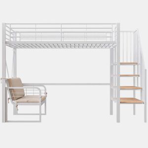 Beliche 90x200 cm - com estrutura metálica resistente, sofá estofado removível, espaço de armazenamento e escada de segurança - Branco