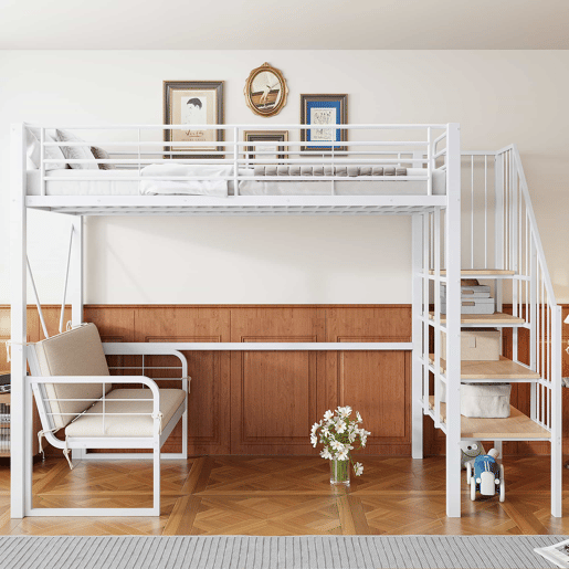 Beliche 90x200 cm - com estrutura metálica resistente, sofá estofado removível, espaço de armazenamento e escada de segurança - Branco