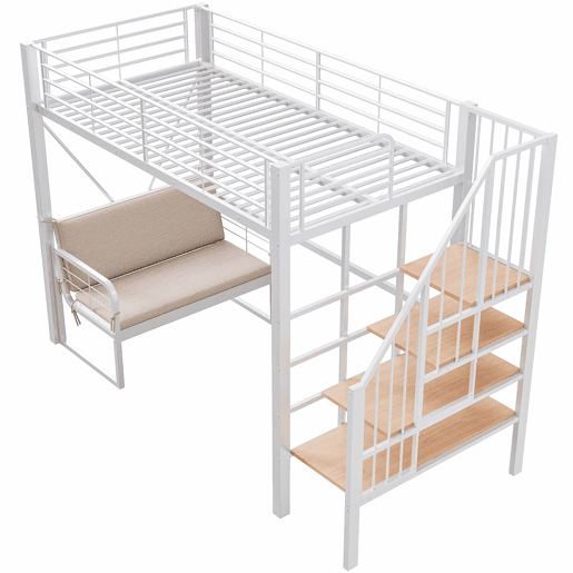 Beliche 90x200 cm - com estrutura metálica resistente, sofá estofado removível, espaço de armazenamento e escada de segurança - Branco