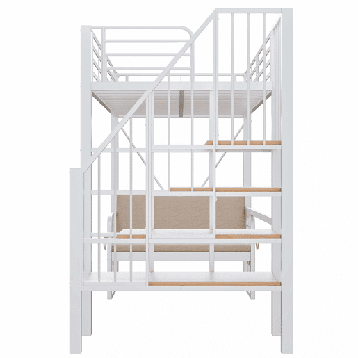 Beliche 90x200 cm - com estrutura metálica resistente, sofá estofado removível, espaço de armazenamento e escada de segurança - Branco