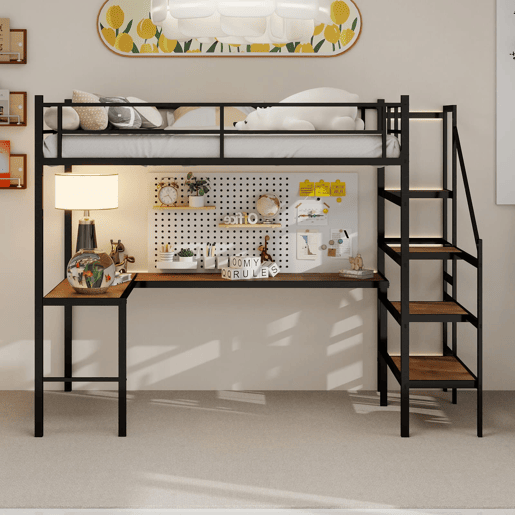 Cama alta com secretária em L - grande capacidade de arrumação, prateleira, estrutura resistente, preta