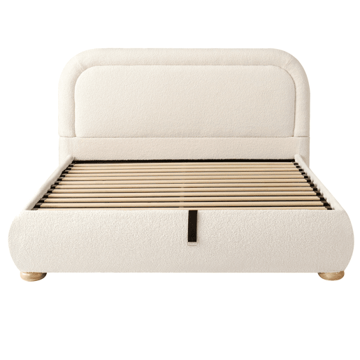 Cama de casal 140x190 cm - Cabeceira acolchoada, estrado de ripas, arrumação, hidráulica - Bege Cama de casal 140x190 cm - Cabeceira acolchoada, estrado de ripas, arrumação, hidráulica - Bege