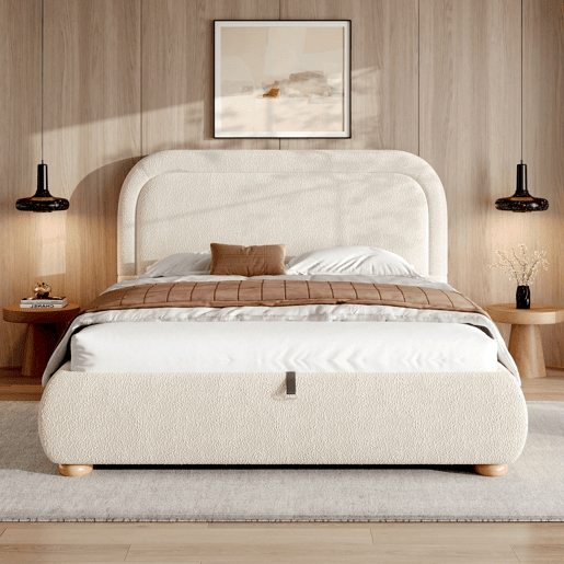 Cama de casal 140x190 cm - Cabeceira acolchoada, estrado de ripas, arrumação, hidráulica - Bege Cama de casal 140x190 cm - Cabeceira acolchoada, estrado de ripas, arrumação, hidráulica - Bege