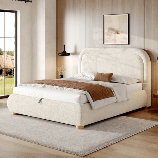 Cama de casal 140x190 cm - Cabeceira acolchoada, estrado de ripas, arrumação, hidráulica - Bege Cama de casal 140x190 cm - Cabeceira acolchoada, estrado de ripas, arrumação, hidráulica - Bege