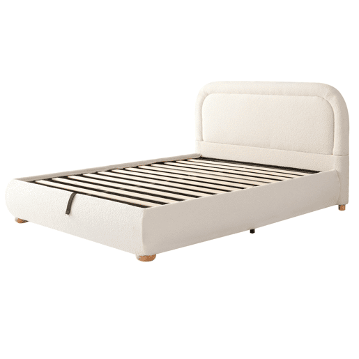Cama de casal 140x190 cm - Cabeceira acolchoada, estrado de ripas, arrumação, hidráulica - Bege Cama de casal 140x190 cm - Cabeceira acolchoada, estrado de ripas, arrumação, hidráulica - Bege