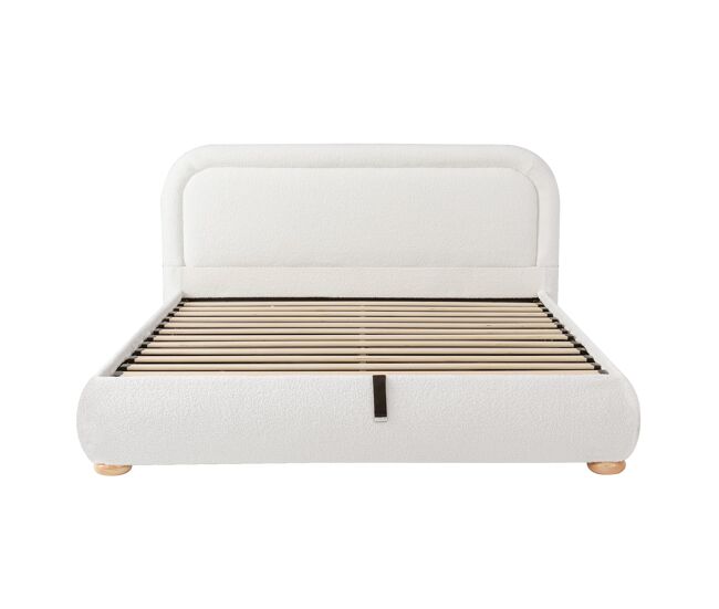 Cama doble 160x200 cm - hidráulica, con somier y gran almacenamiento, cabecero tapizado - blanco