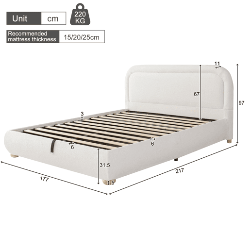 Cama de casal 160x200 cm - hidráulica, com estrado e grande espaço de arrumação, cabeceira estofada - Branco