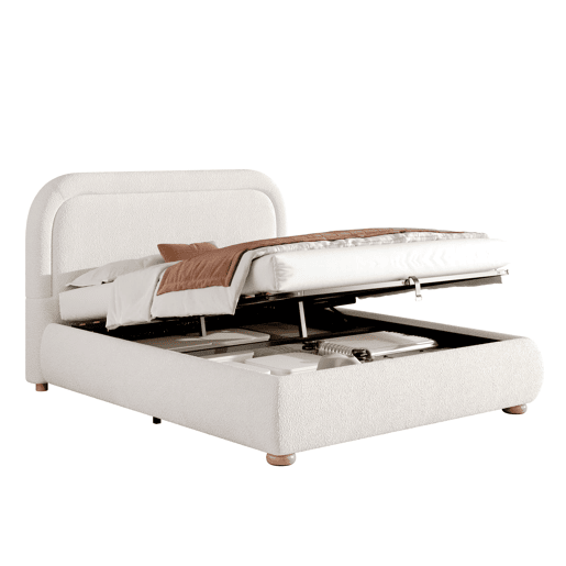 Cama de casal 160x200 cm - hidráulica, com estrado e grande espaço de arrumação, cabeceira estofada - Branco