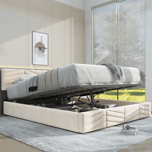 Cama de contentor em veludo com estrado de ripas + cabeceira regulável - 140x200cm - Bege