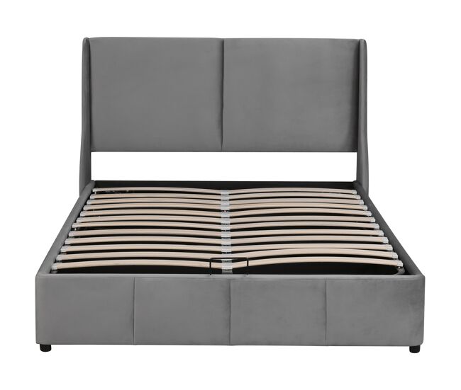 Cama contenedor acolchada 140x190cm en terciopelo - cama contenedor con somier de láminas - gris