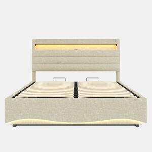 Cama estofada 140x200 cm - com iluminação LED, mecanismo hidráulico, portas USB e Tipo-C, compartimento e prateleiras, tecido de linho - Bege