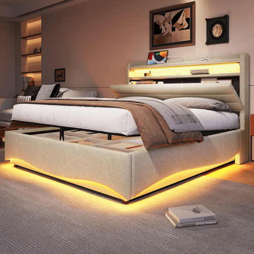 Cama estofada 140x200 cm - com iluminação LED, mecanismo hidráulico, portas USB e Tipo-C, compartimento e prateleiras, tecido de linho - Bege