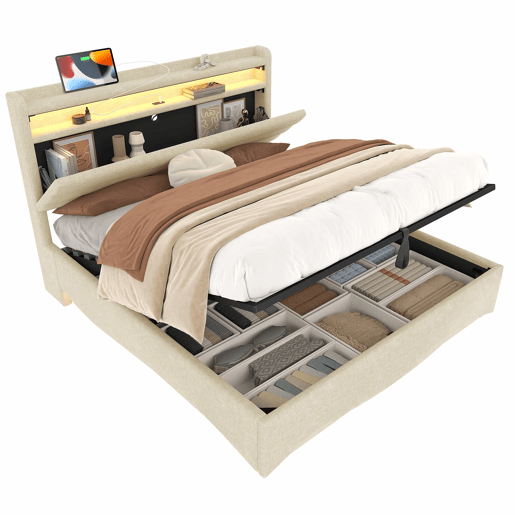 Cama estofada 140x200 cm - com iluminação LED, mecanismo hidráulico, portas USB e Tipo-C, compartimento e prateleiras, tecido de linho - Bege
