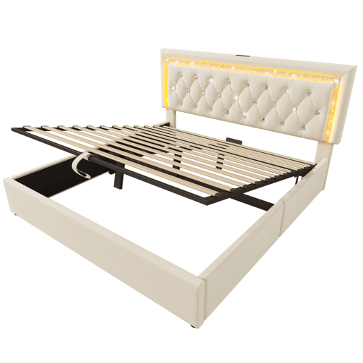 Cama estofada 140x200 cm - LED diamante, USBType-C, armazenamento hidráulico, bege Cama estofada 140x200 cm - LED diamante, USBType-C, armazenamento hidráulico, bege