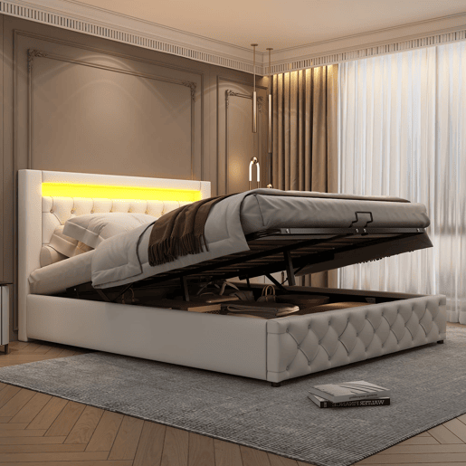 Cama estofada 140x190 cm - armazenamento hidráulico, estrado de ripas, LED, PU - Branco Cama estofada 140x190 cm - armazenamento hidráulico, estrado de ripas, LED, PU - Branco