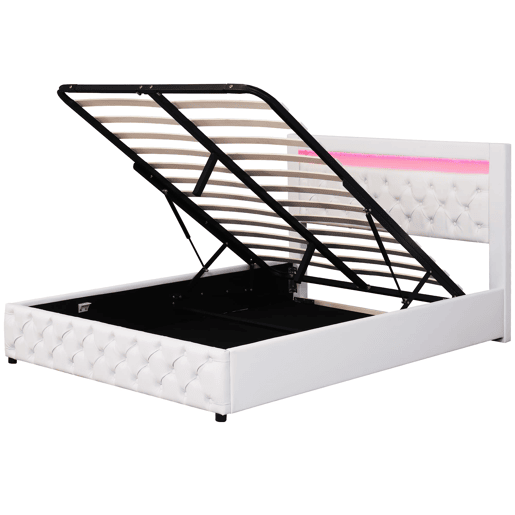 Cama estofada 140x190 cm - armazenamento hidráulico, estrado de ripas, LED, PU - Branco Cama estofada 140x190 cm - armazenamento hidráulico, estrado de ripas, LED, PU - Branco