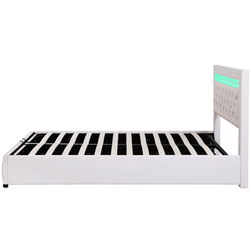 Cama estofada 140x190 cm - armazenamento hidráulico, estrado de ripas, LED, PU - Branco Cama estofada 140x190 cm - armazenamento hidráulico, estrado de ripas, LED, PU - Branco
