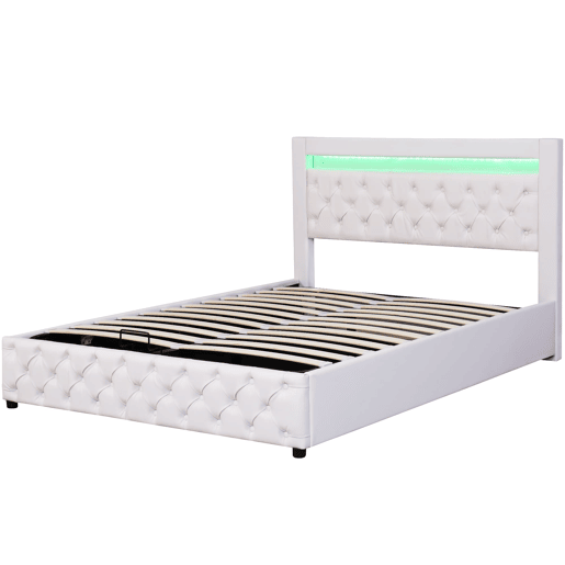 Cama estofada 140x190 cm - armazenamento hidráulico, estrado de ripas, LED, PU - Branco Cama estofada 140x190 cm - armazenamento hidráulico, estrado de ripas, LED, PU - Branco