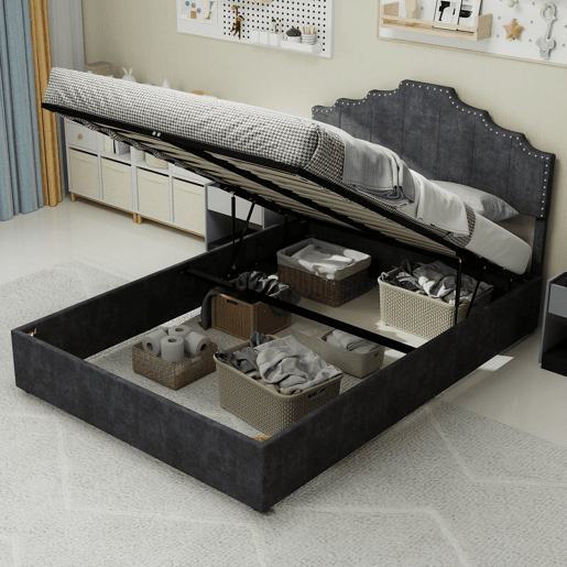 Cama estofada 160x200 - cabeceira macia e canapé rebatível com pistão - cinzento