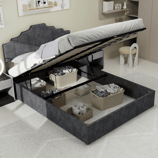Cama estofada 160x200 - cabeceira macia e canapé rebatível com pistão - cinzento