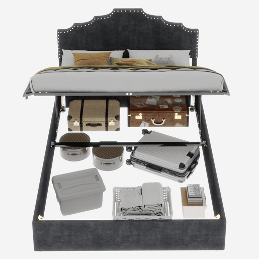 Cama estofada 160x200 - cabeceira macia e canapé rebatível com pistão - cinzento