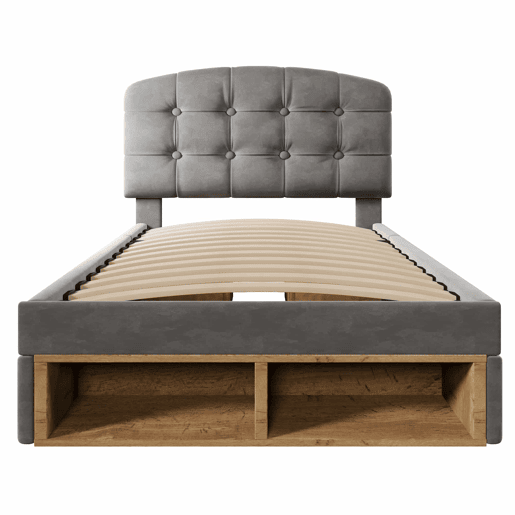 Cama individual 90x200 - estofada em veludo, cabeceira ajustável, com gavetas e espaço de arrumação - cinzenta