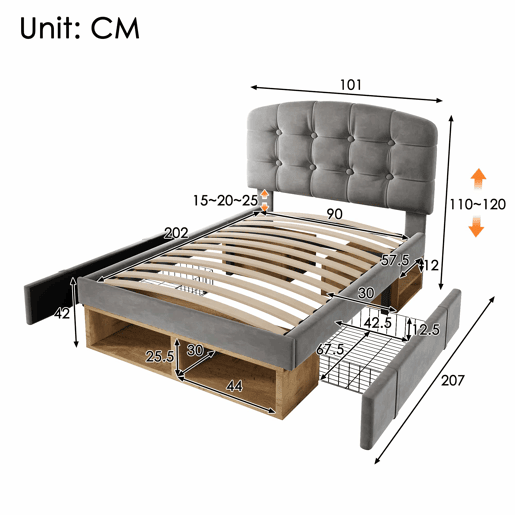 Cama individual 90x200 - estofada em veludo, cabeceira ajustável, com gavetas e espaço de arrumação - cinzenta