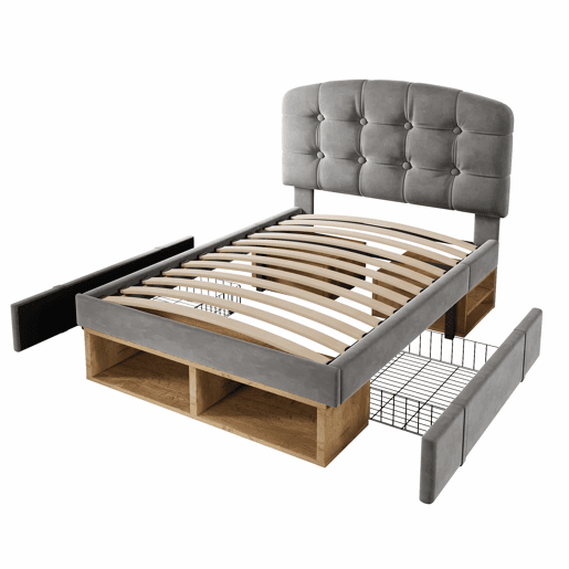 Cama individual 90x200 - estofada em veludo, cabeceira ajustável, com gavetas e espaço de arrumação - cinzenta