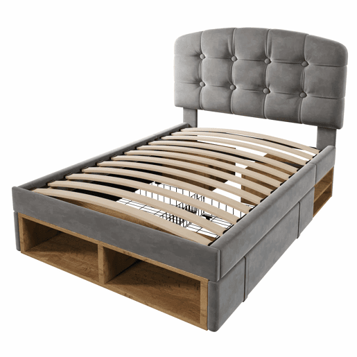 Cama individual 90x200 - estofada em veludo, cabeceira ajustável, com gavetas e espaço de arrumação - cinzenta
