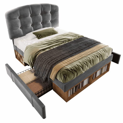 Cama individual 90x200 - estofada em veludo, cabeceira ajustável, com gavetas e espaço de arrumação - cinzenta