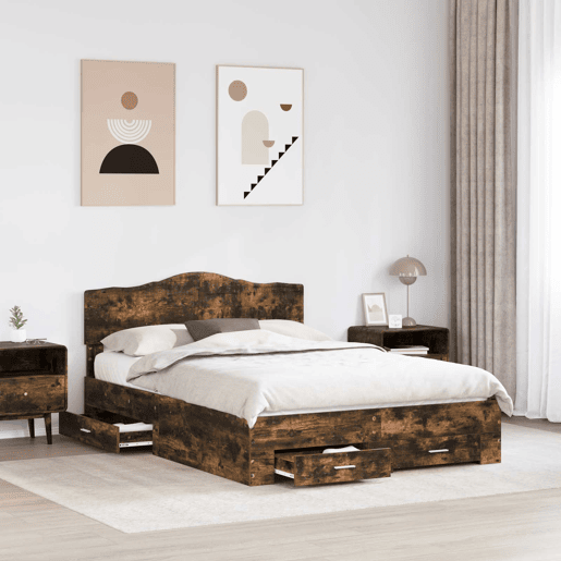 Estrutura de cama de casal com cabeceira - Carvalho Defumado 140 x 200 cm