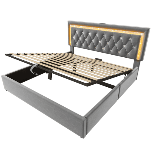 Cama estofada 140x200 cm - LED na cabeceira, USBType-C, armazenamento hidráulico, moderna - Cinza