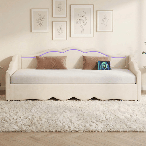 Cama individual 90 x 200 cm - extensível até 180 cm, com LED e porta USB - bege
