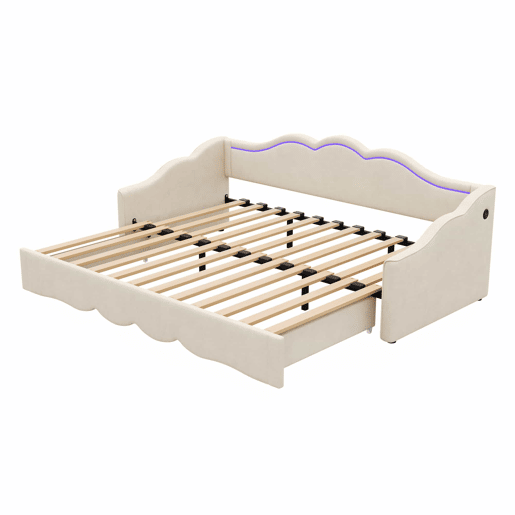 Cama individual 90 x 200 cm - extensível até 180 cm, com LED e porta USB - bege