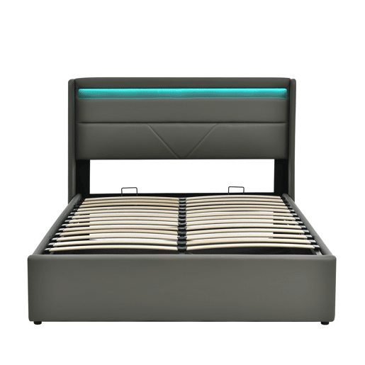 Cama de couro sintético de 140x200cm com LED - com estrado - Cinzento
