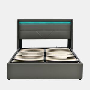 Cama de couro sintético de 140x200cm com LED - com estrado - Cinzento