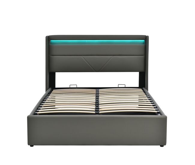 Cama contenedor 140x200cm en símil piel con led - con somier - gris