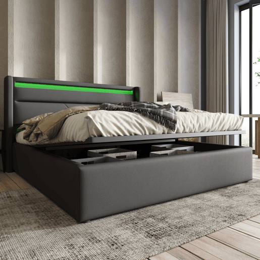 Cama de couro sintético de 140x200cm com LED - com estrado - Cinzento