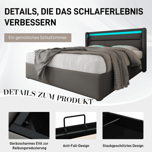 Cama de couro sintético de 140x200cm com LED - com estrado - Cinzento