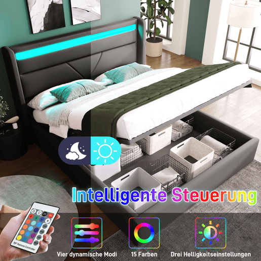 Cama de couro sintético de 140x200cm com LED - com estrado - Cinzento