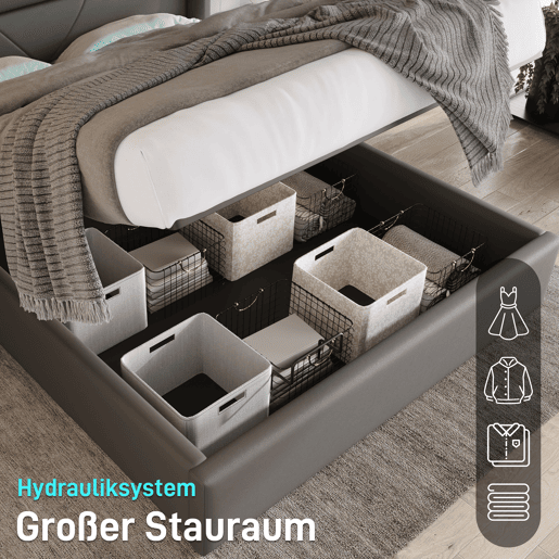 Cama de couro sintético de 140x200cm com LED - com estrado - Cinzento