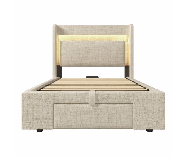 Cama tapizada 90x200 cm - almacenamiento hidráulico, cabecero con led y usb - beige